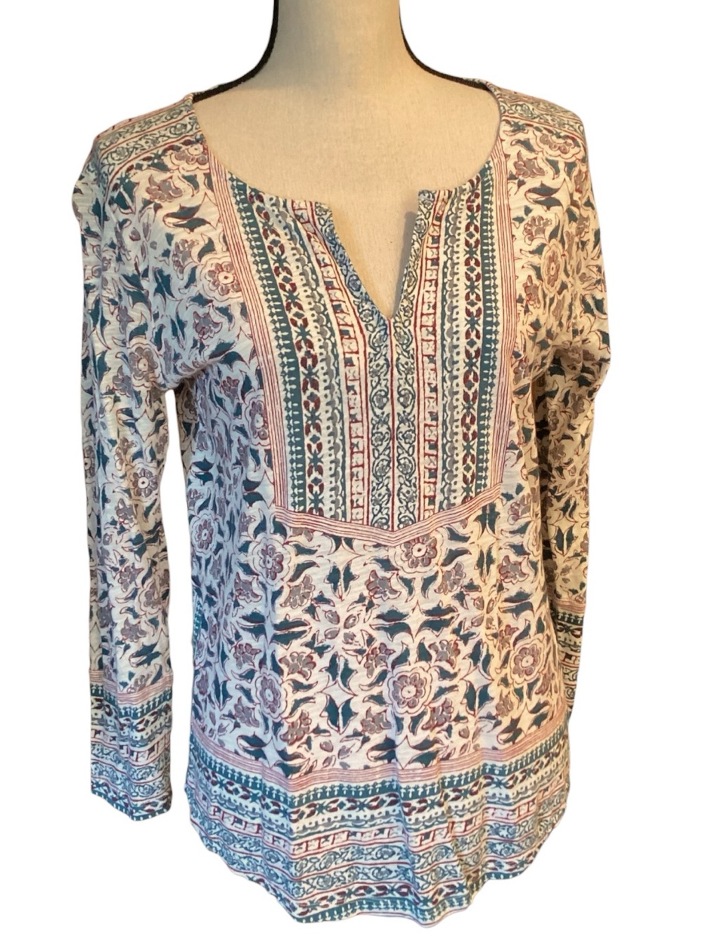 Lucky Brand Woodblock Floral Top Medium Boho Split Neck Long Sleeve Tunic